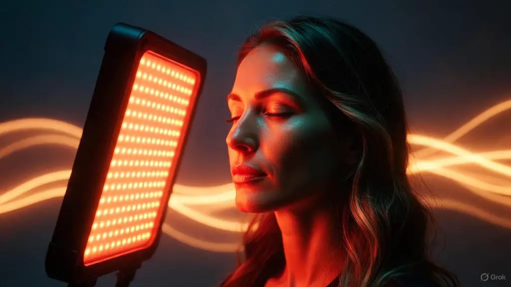 Woman relaxing at home using a red light therapy device with 660nm and 850nm LEDs for skin glow and pain relief